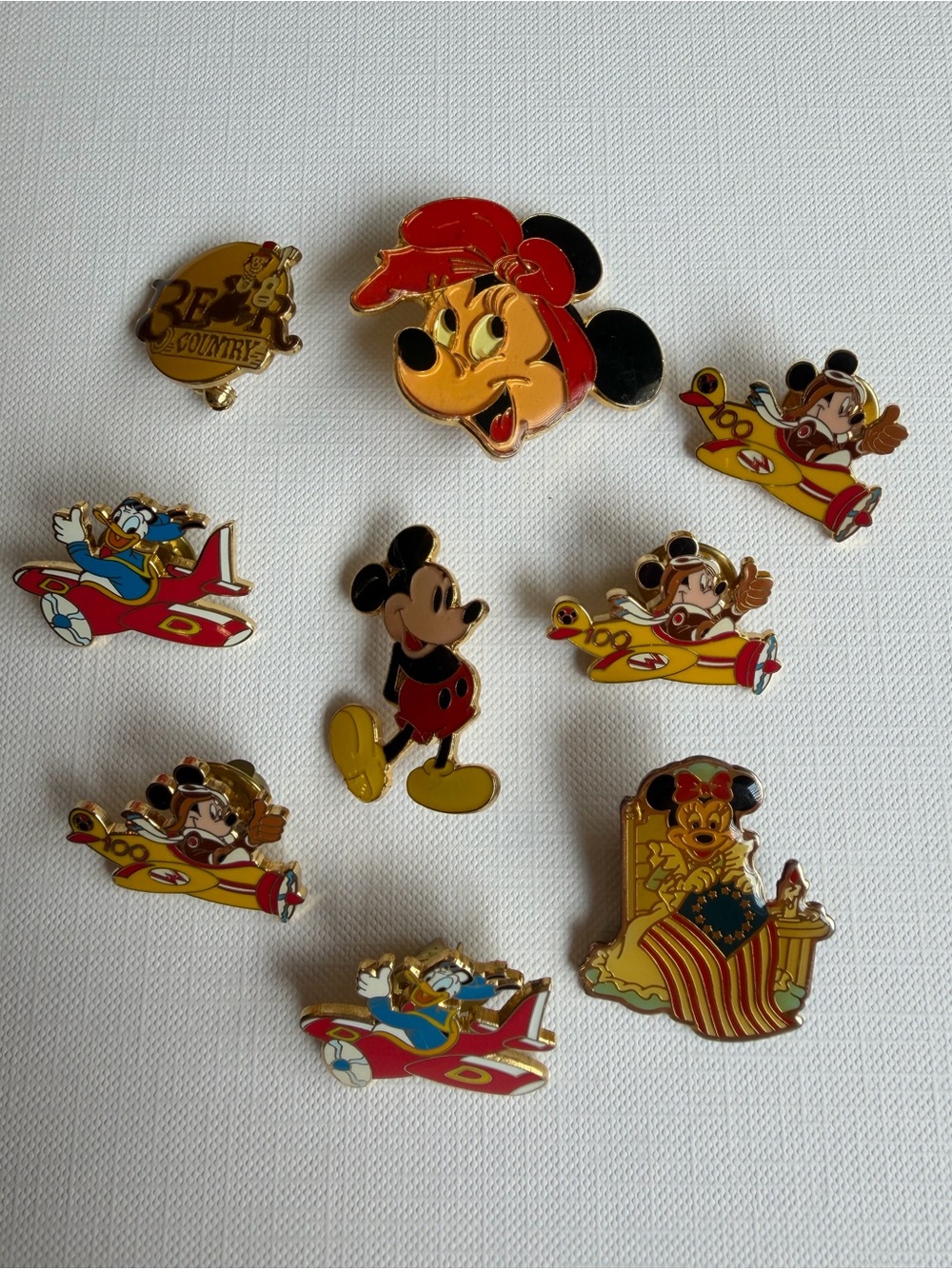 9 Disney Pins - Mickey, Minnie, Donald Duck, Bear Country, most Like New